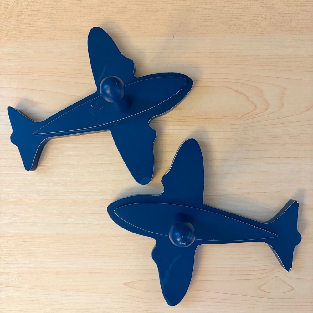 Set of 2 Navy Blue Wooden Airplane‎ Wall Hooks Kids Nursery Aviation Decor Pegs